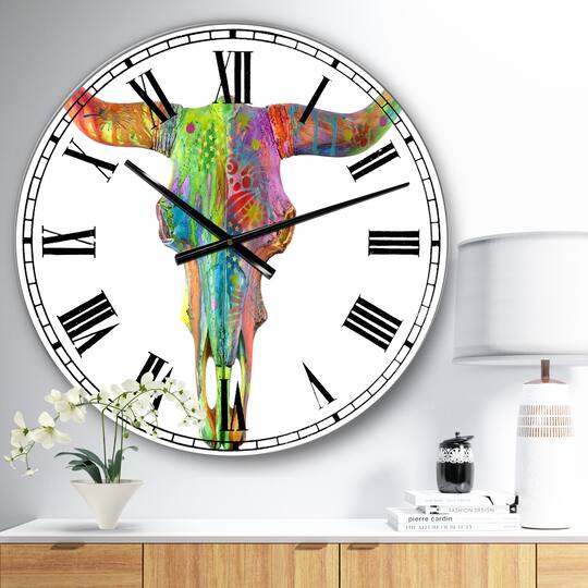 Designart Longhorn Rainbow Skull Large Modern Wall Clock